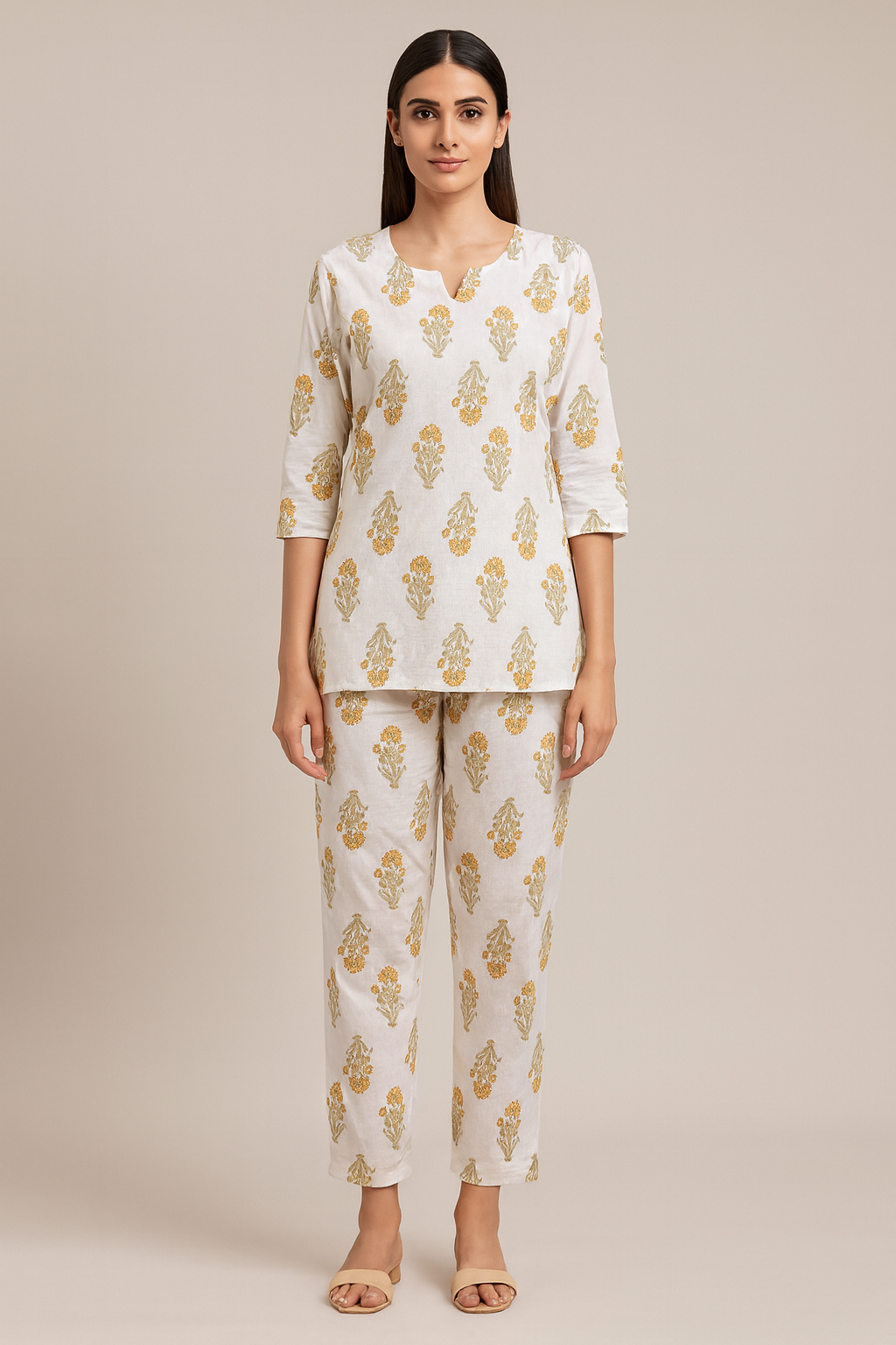 White Floral Printed Kurta Set