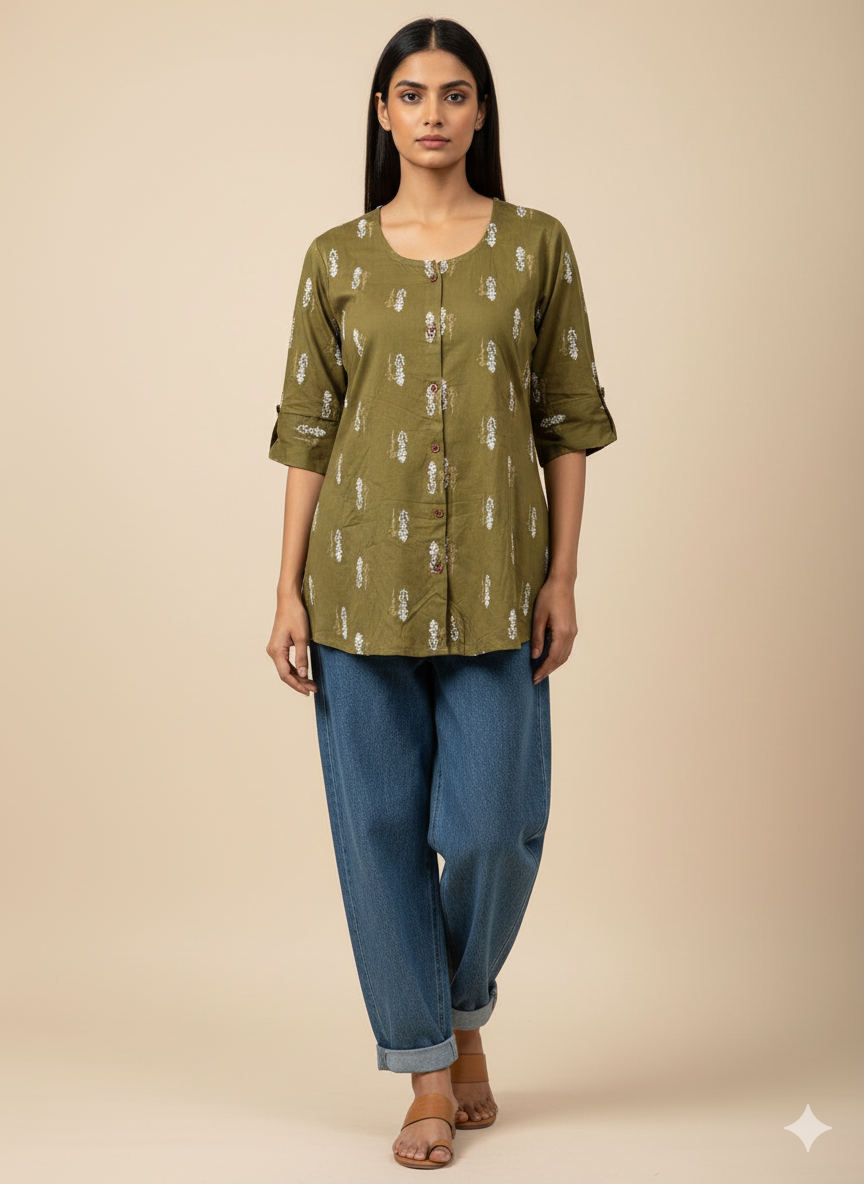 Red Printed Rayon Short Kurti