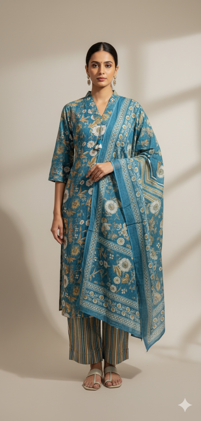 Teal Blue Floral Handblock Cotton 3-Piece Suit Set