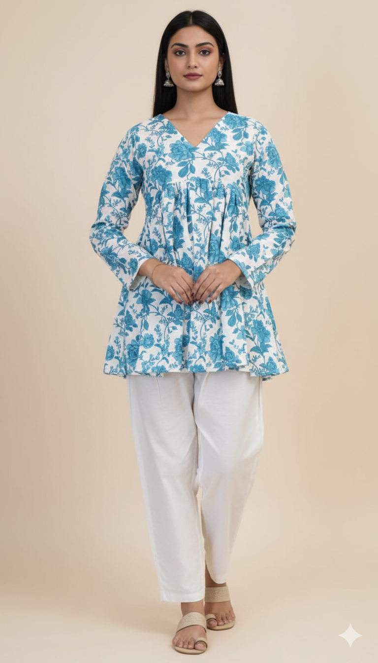 Sky Blue Floral Printed Empire Kurti