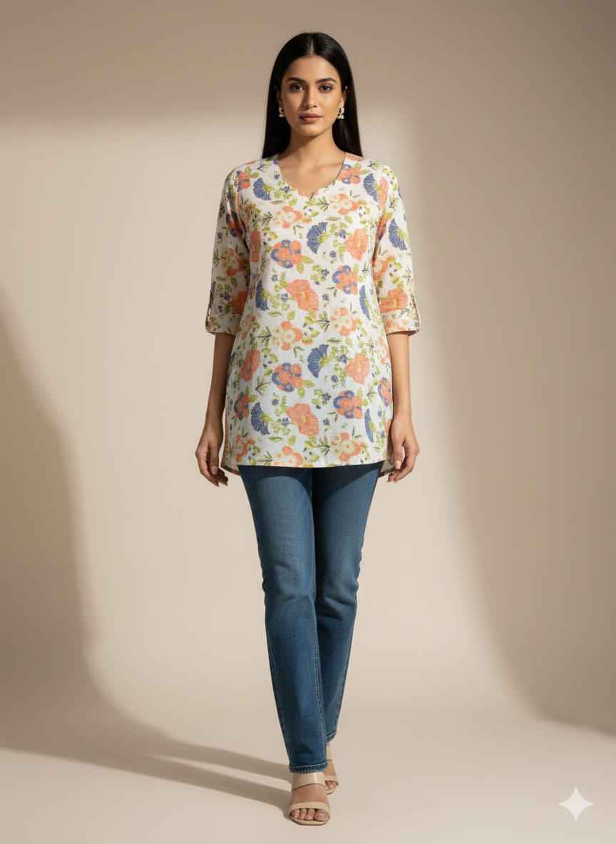 White Floral Printed Short Kurti