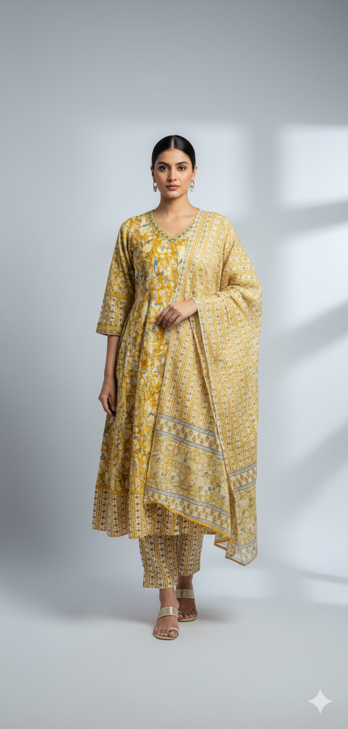 Mustard Yellow Handblock Printed Cotton Suit Set