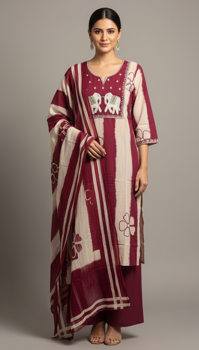 Maroon Elephant Motif Cotton Suit Set with Dupatta