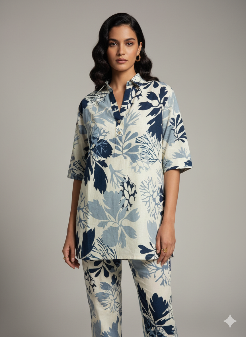 Blue Botanical Print Kurta Set