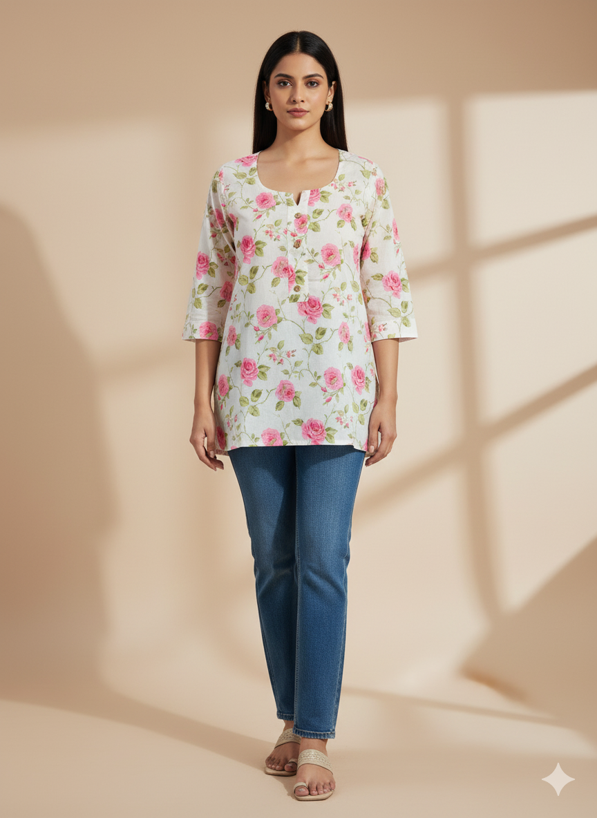 White & Pink Floral Printed Short Kurti