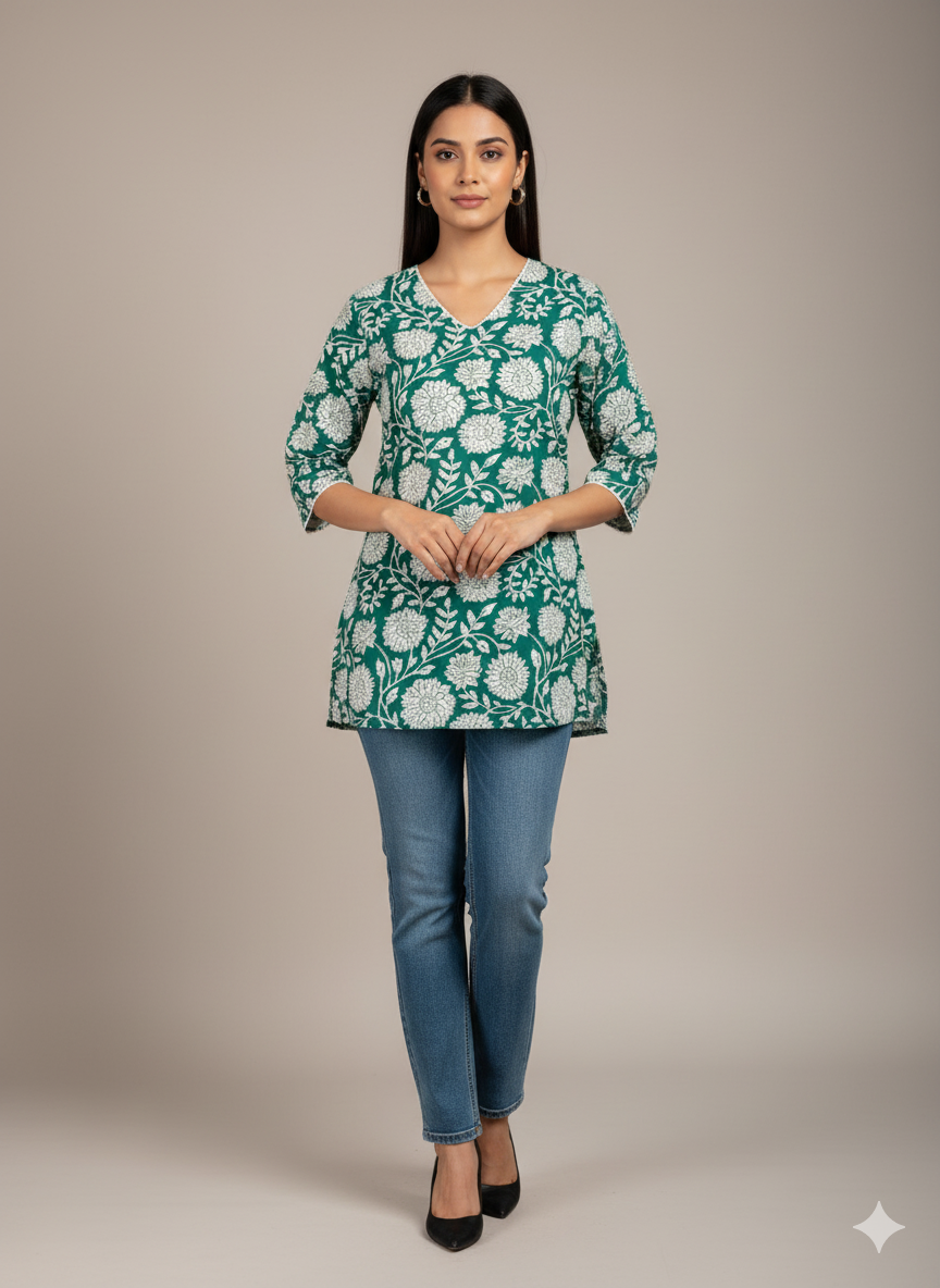 Green Floral Printed Short Kurti