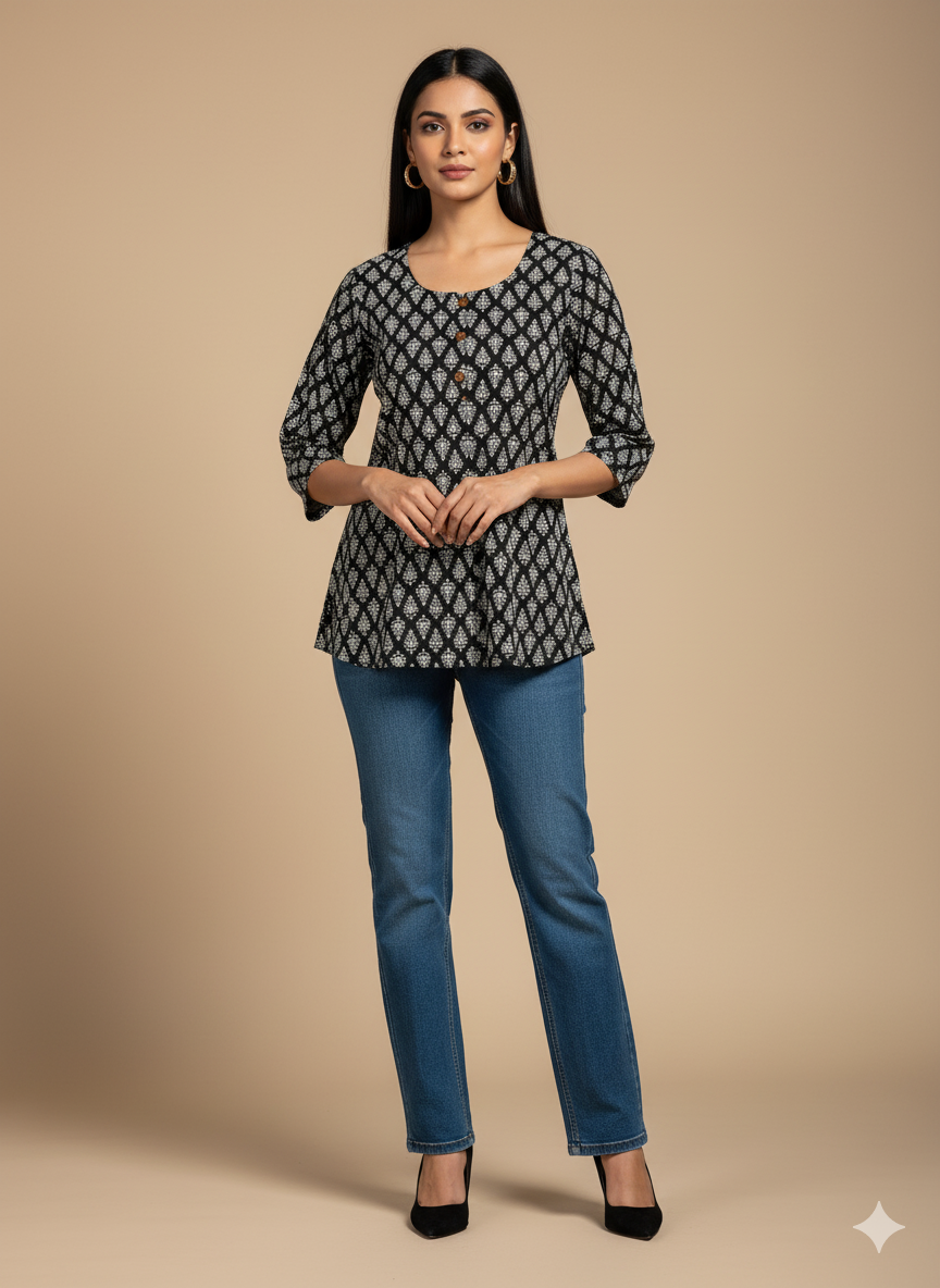 Black Ethnic Printed Short Kurti