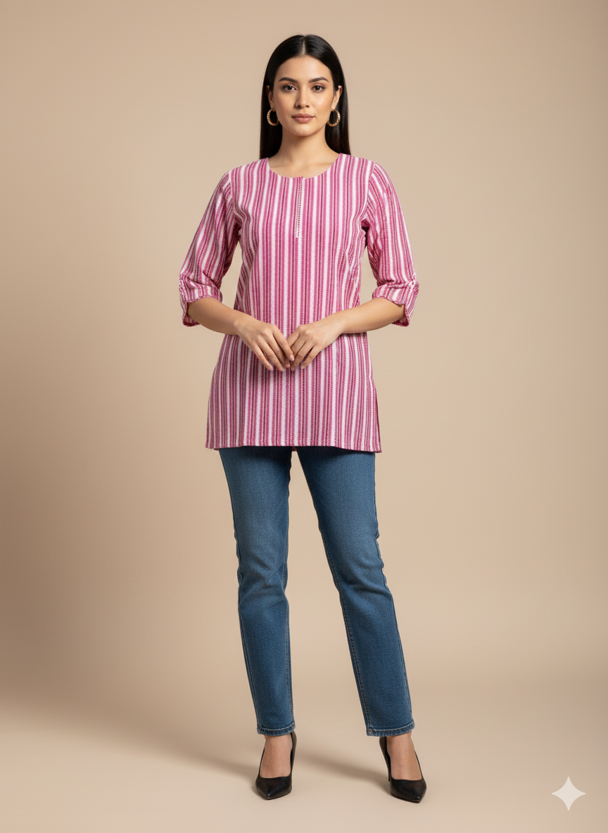 Pink Striped Short Kurti