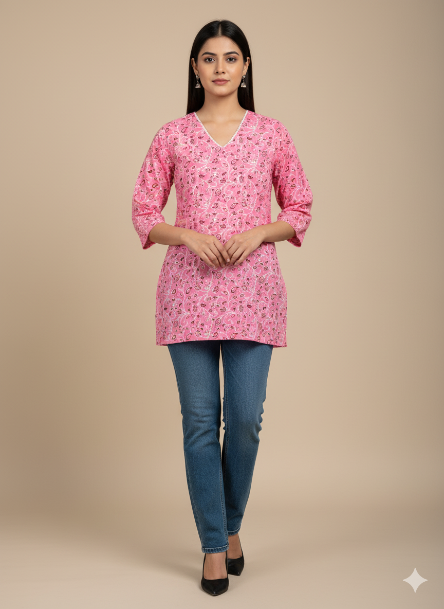 Pink Paisley Printed Short Kurti