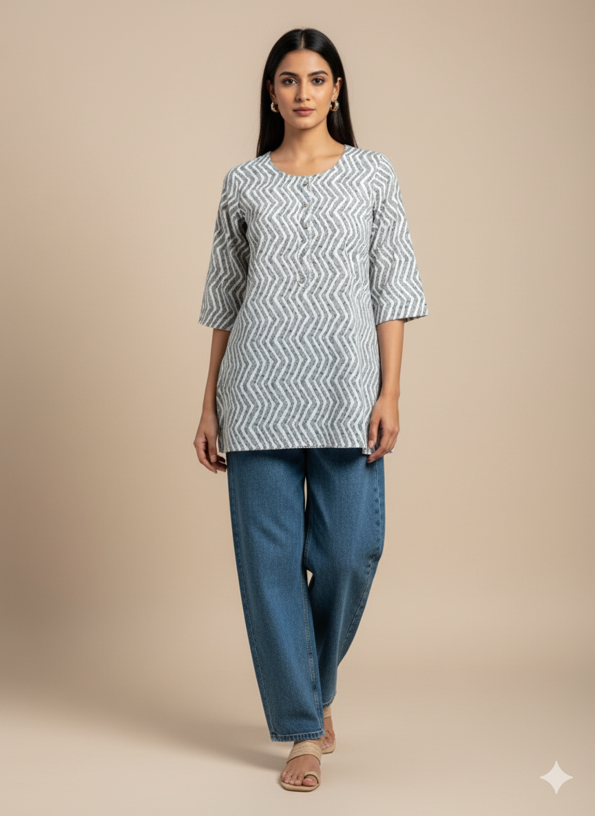 Grey Zig-Zag Printed Short Kurti