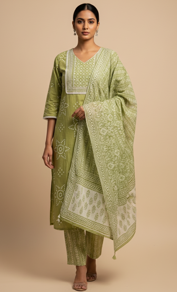 Pastel Green Bandhani Printed Cotton Suit Set with Dupatta