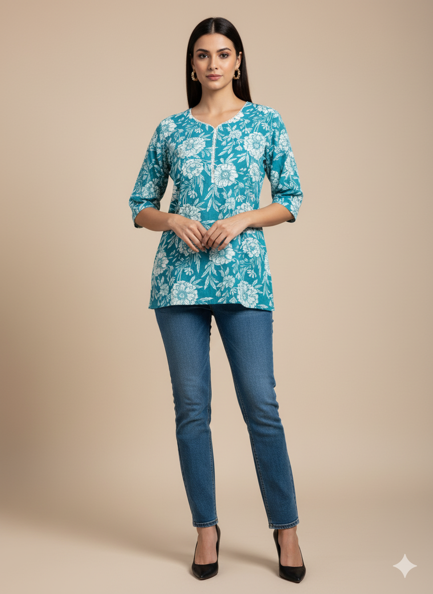 Teal Floral Printed Short Kurti