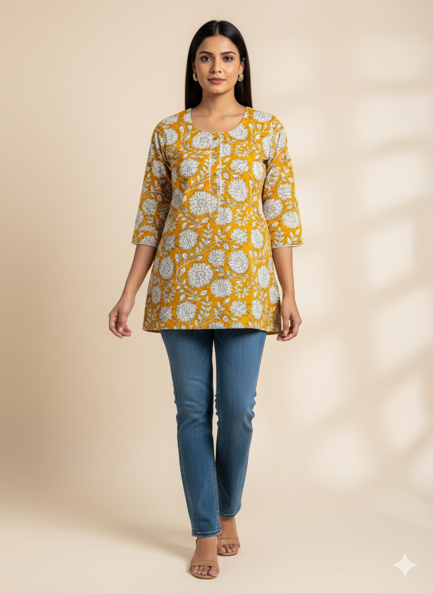 Mustard Floral Printed Short Kurti