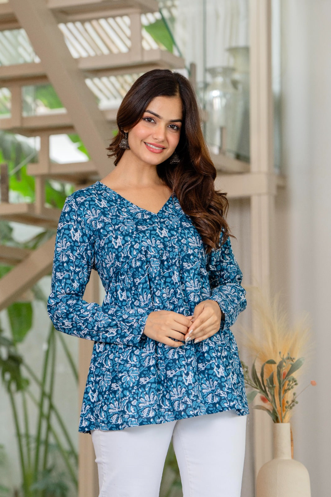 Blue Floral Cotton Peplum Top