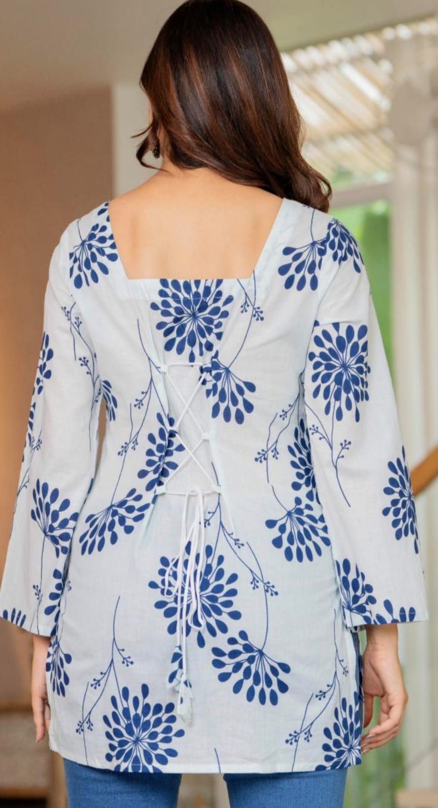 White & Blue Floral Block Print Back Tie Top