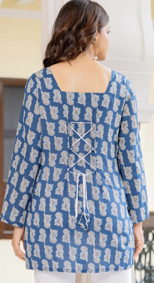 Blue Square Neck Block Print Back Tie Top