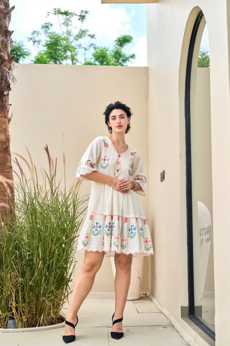 White Khadi Dress with Multicolor Floral Embroidery