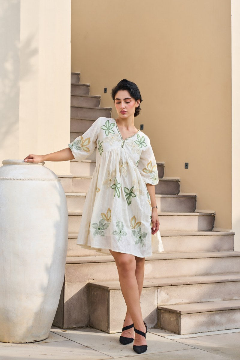 White Khadi Dress with Green & Mustard Floral Embroidery