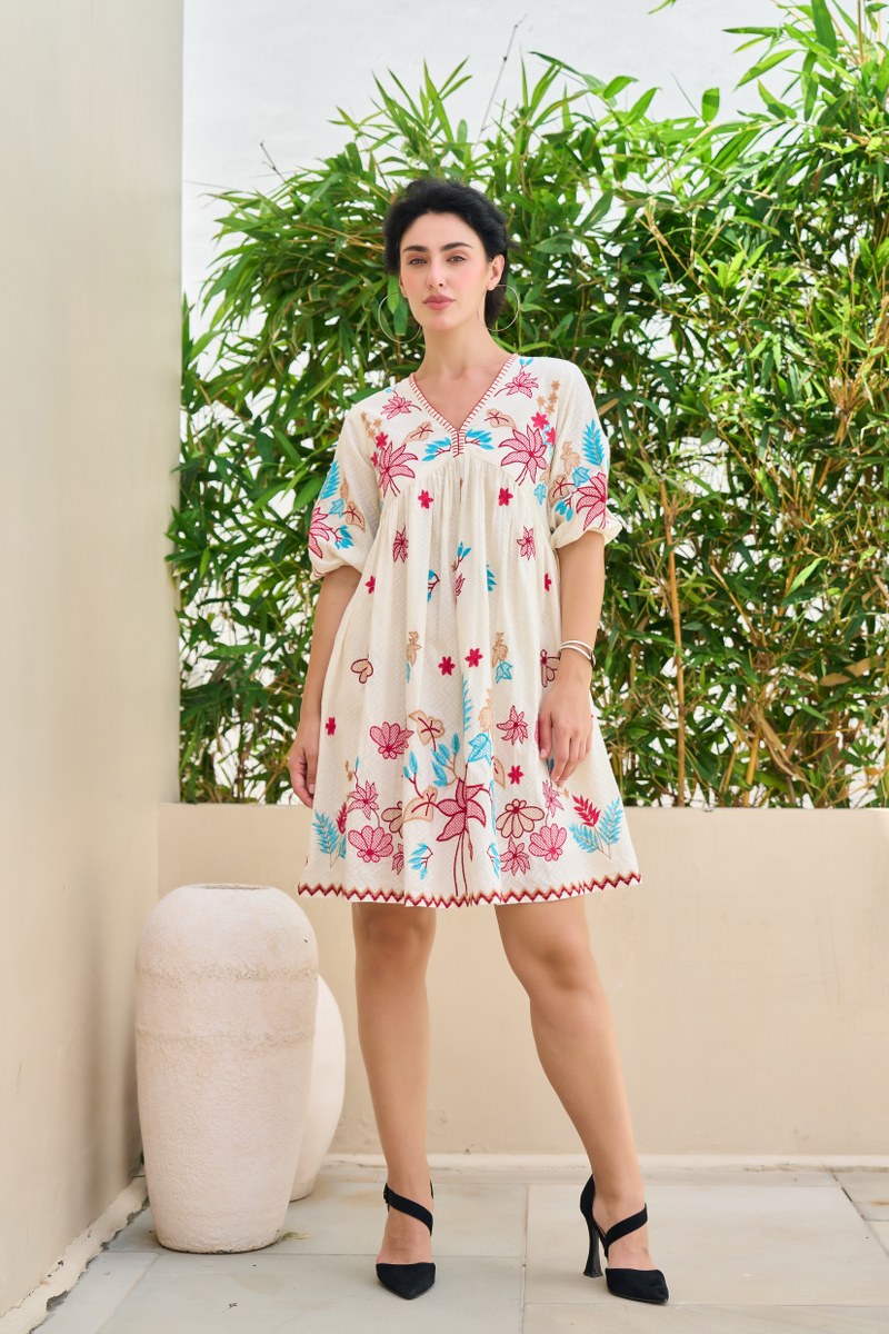 Off-White Khadi Dress with Multicolor Floral Embroidery