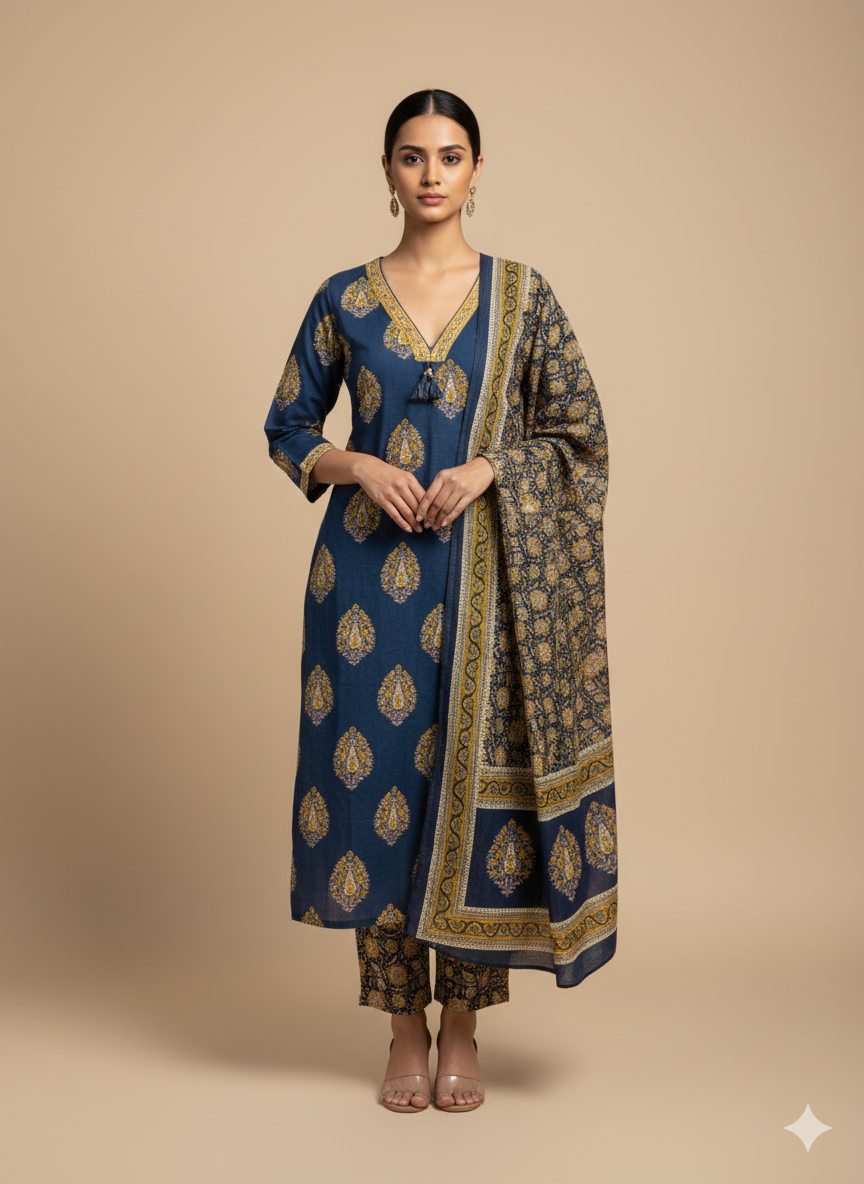 Blue Printed Kurta Set with Dupatta