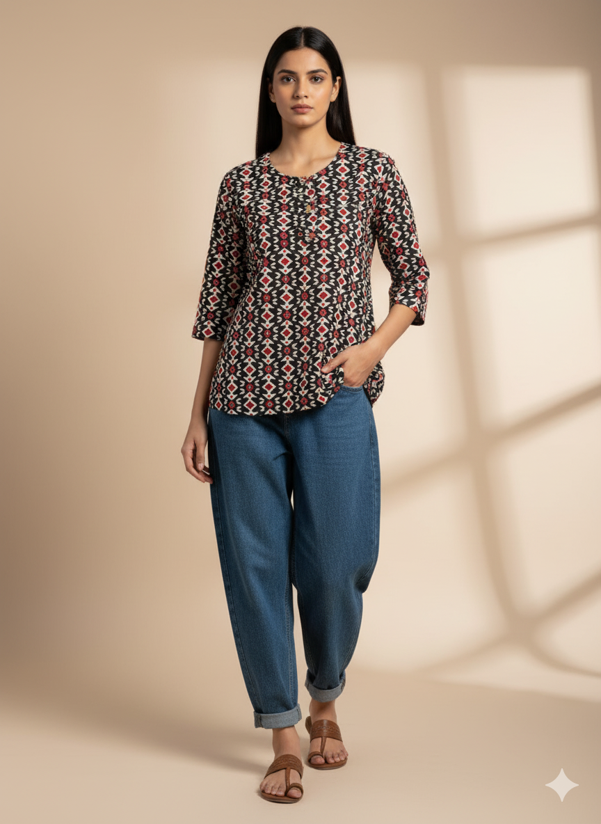 Black & Red Ikat-Inspired Short Kurti