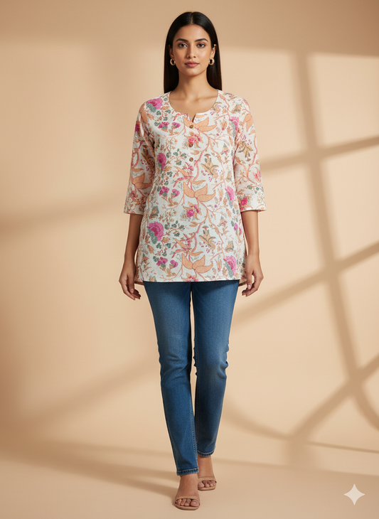White Multicolor Printed Short Kurti