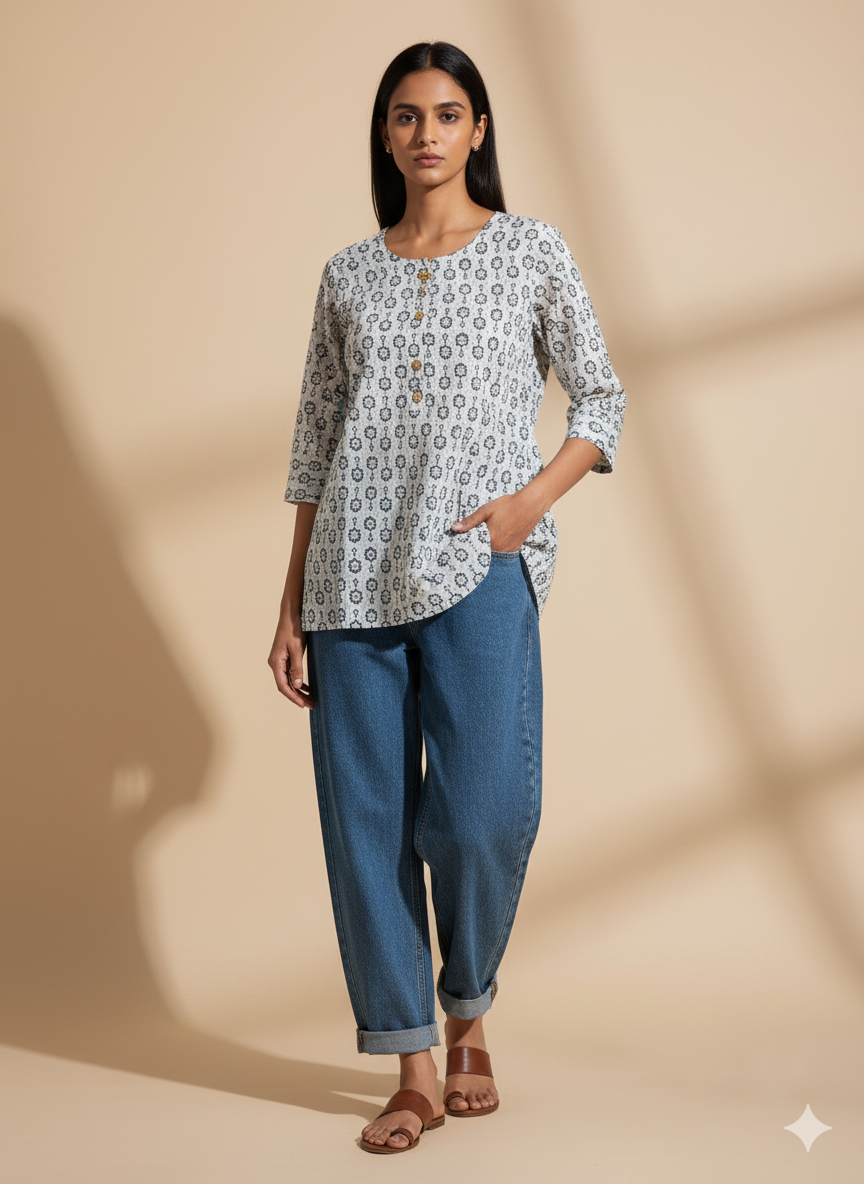 Grey Printed Button-Down Short Kurti