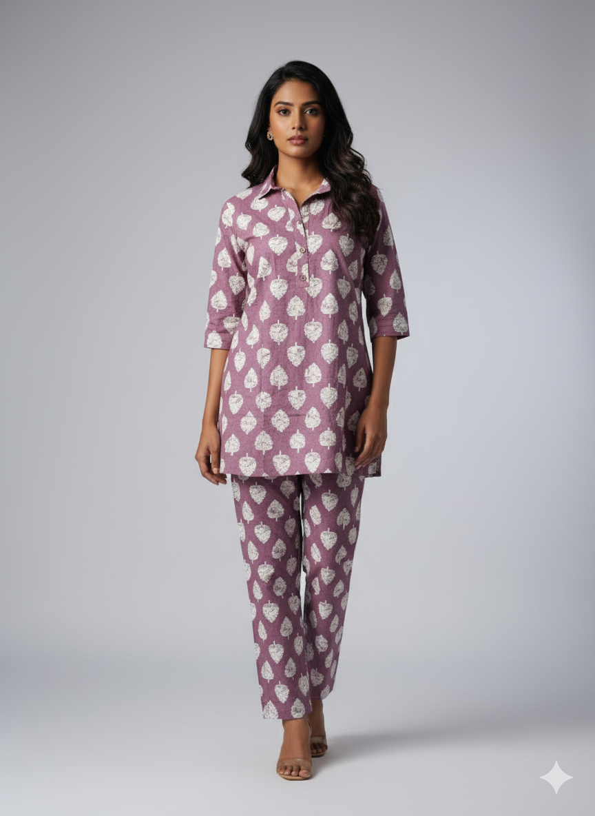 Mauve Leaf Print Kurta Set