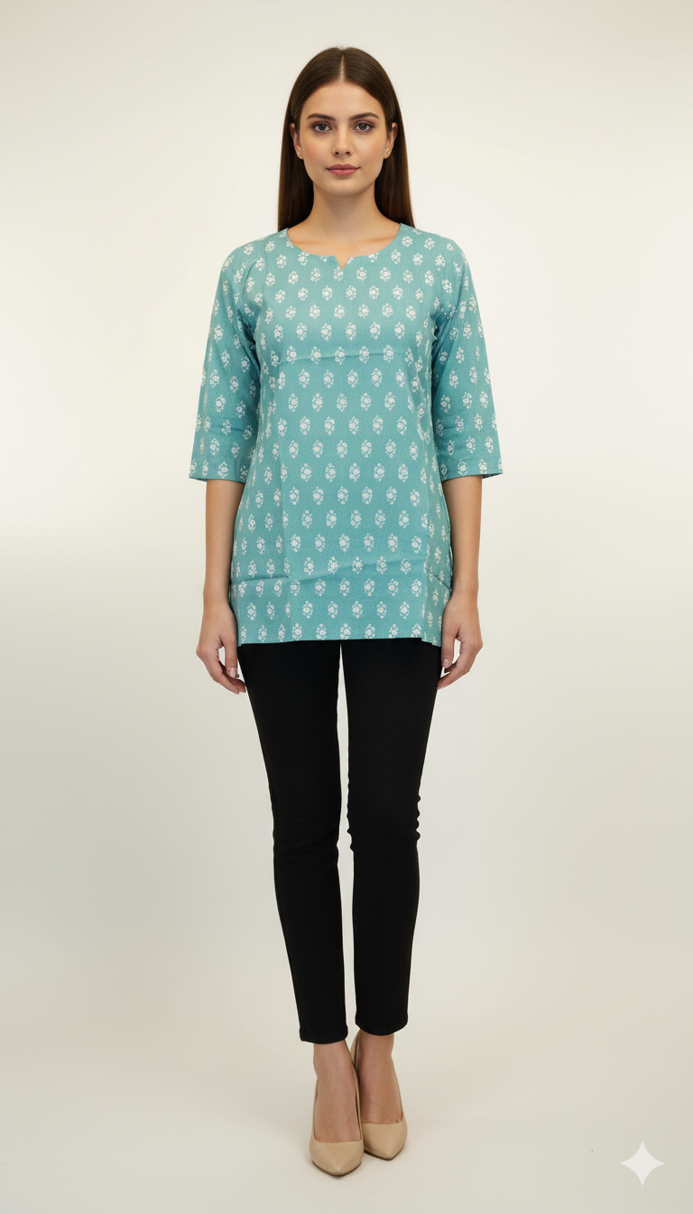 Teal Block Printed Kurti