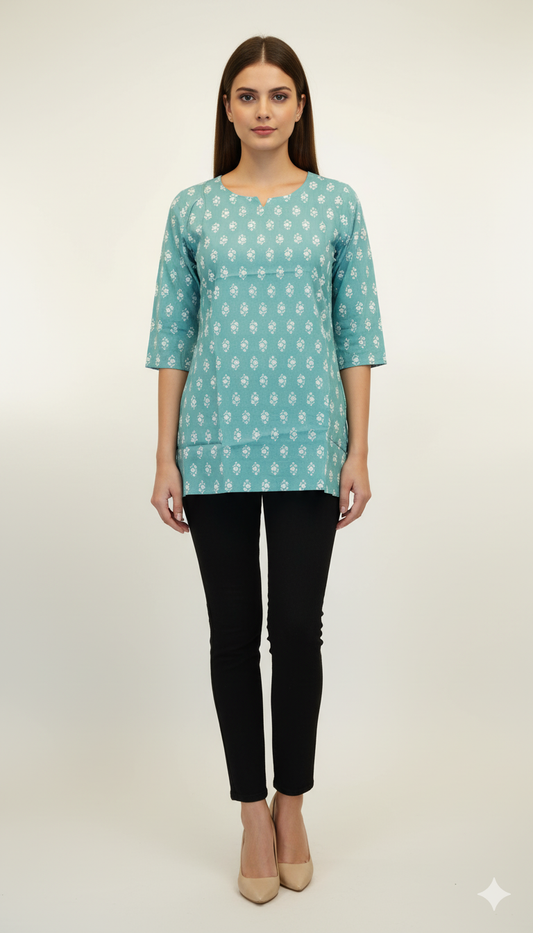 Teal Block Printed Kurti