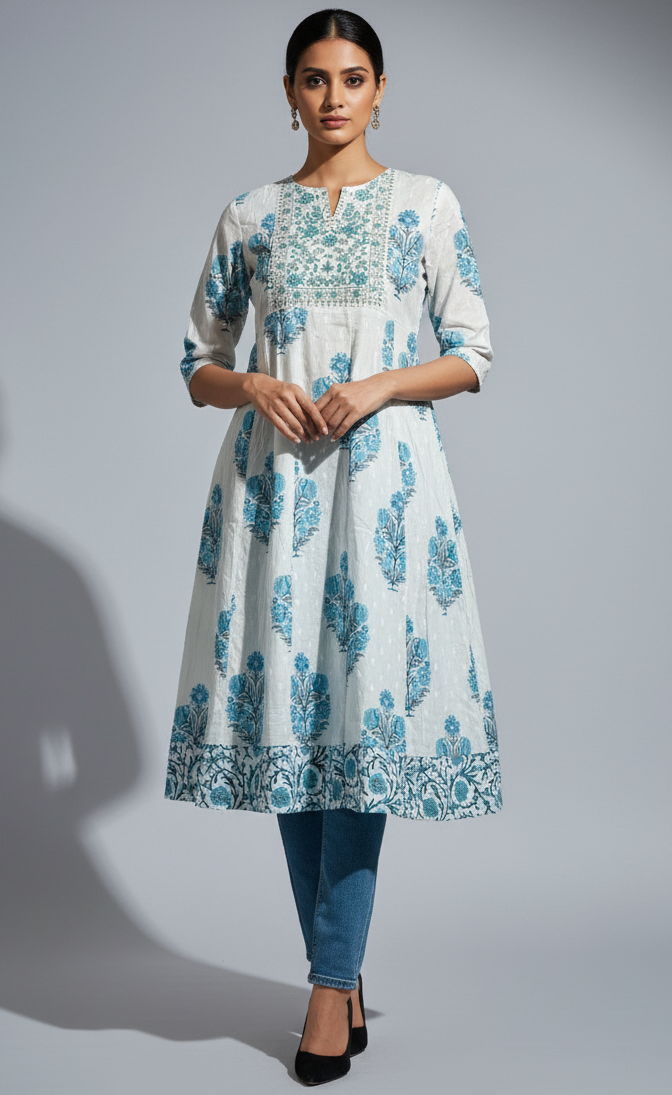 White & Teal Cotton Anarkali Kurti with Handblock Print