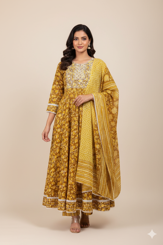 Mustard Yellow Printed Anarkali Kurta Set