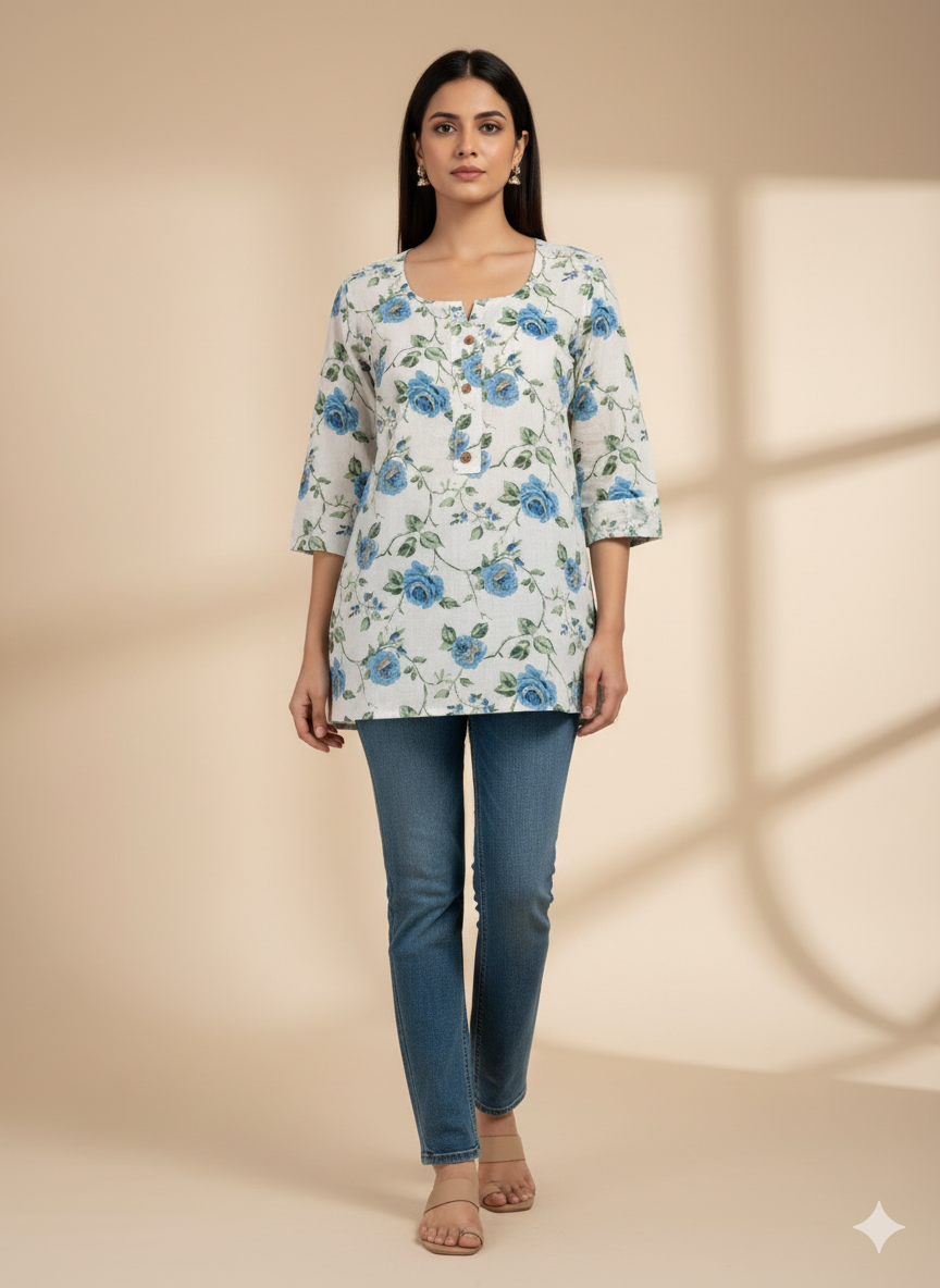 White & Blue Floral Printed Short Kurti