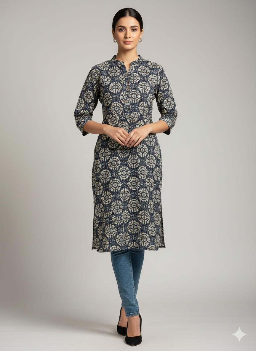 Indigo Blue Cotton Kurti with Handblock Print