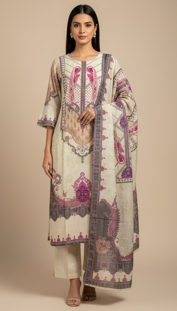 Beige & Mauve Printed Soft Silk Suit Set with Dupatta