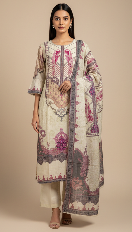 Beige & Mauve Printed Soft Silk Suit Set with Dupatta