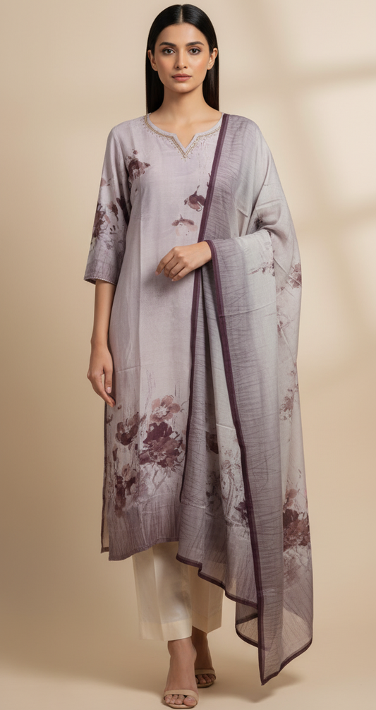Lavender Floral Printed Soft Silk Suit Set with Dupatta