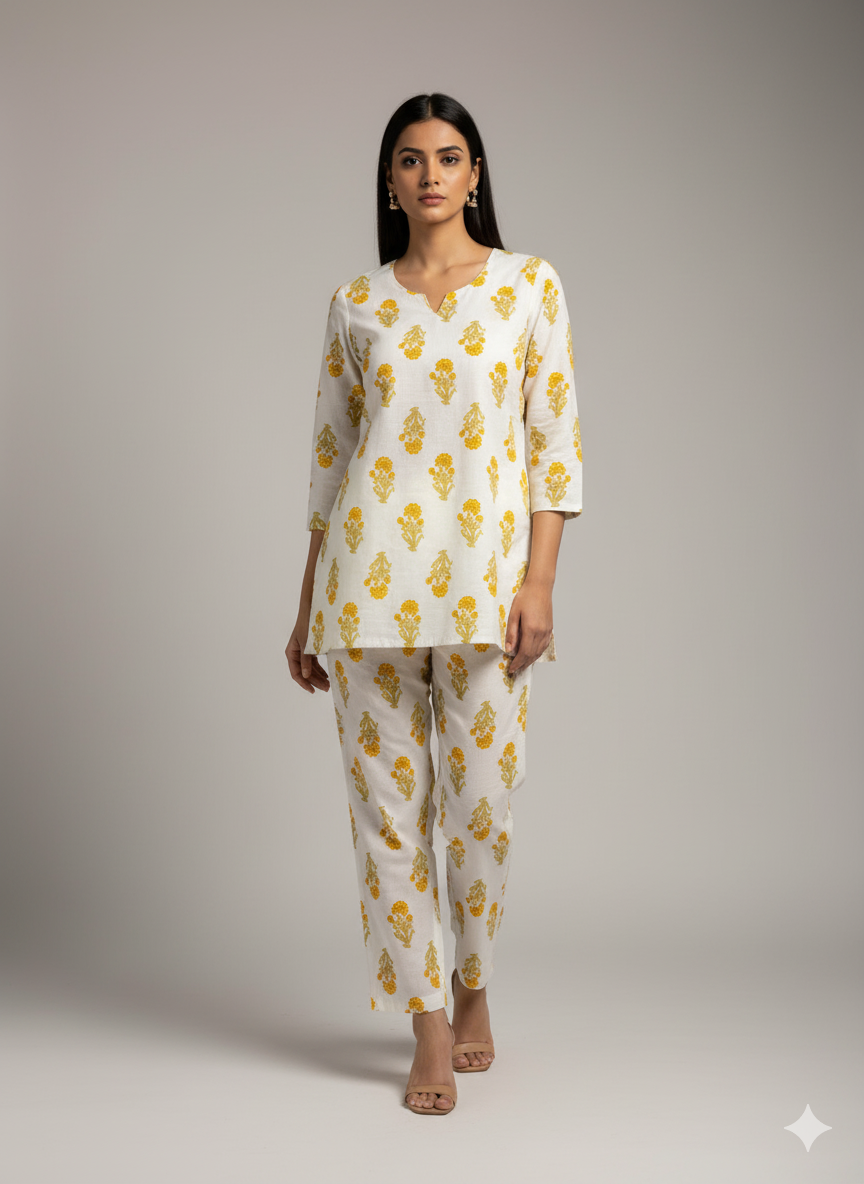 White Floral Printed Kurta Set