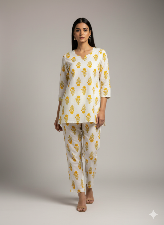 White Floral Printed Kurta Set