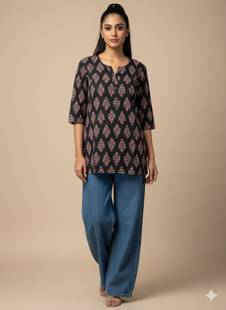 Black Floral Motif Short Kurti