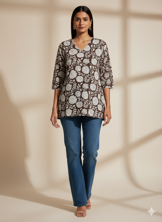 Brown Floral Printed Short Kurti