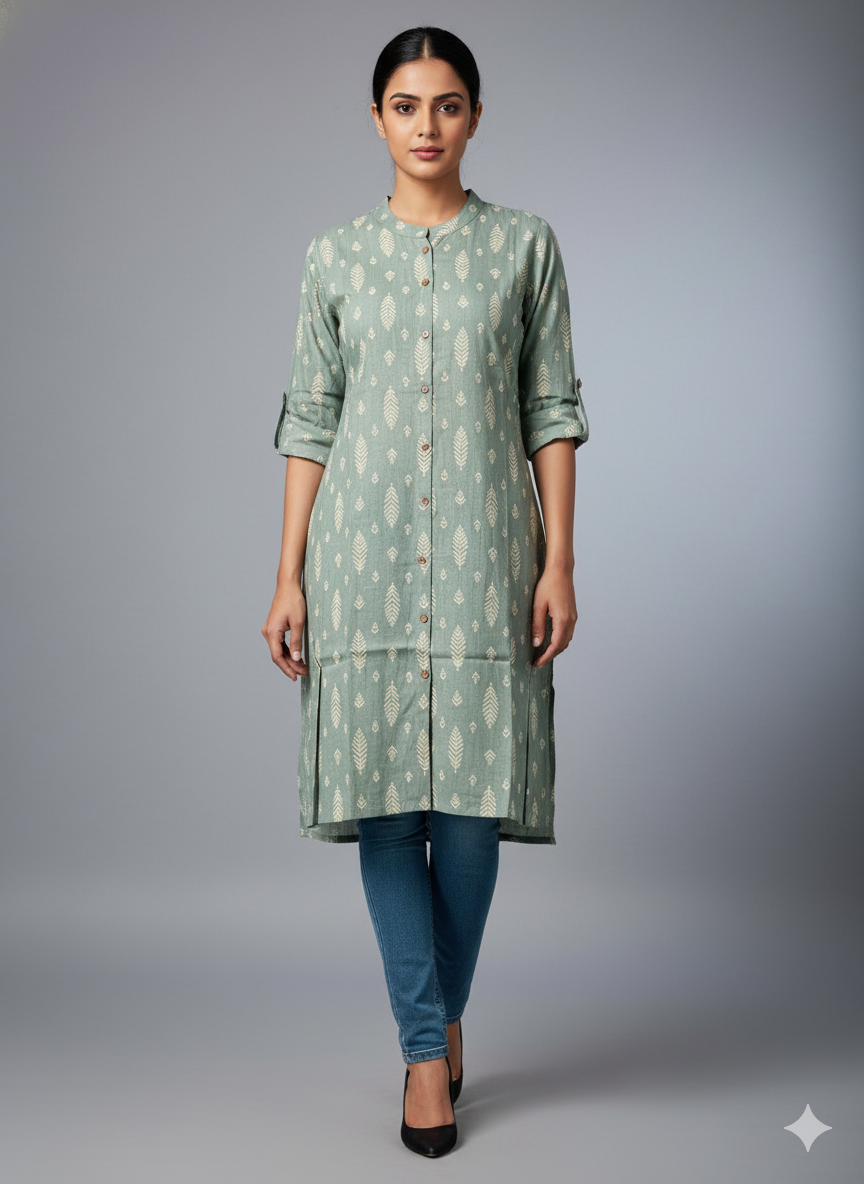 Sage Green Cotton Kurti with Handblock Leaf Print