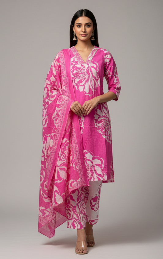Hot Pink Floral Handblock Cotton Suit Set with Dupatta