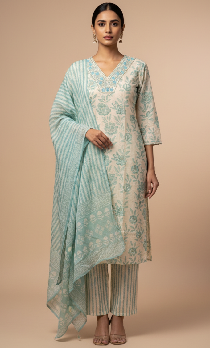 Aqua Blue Handblock Printed Cotton Suit Set with Dupatta
