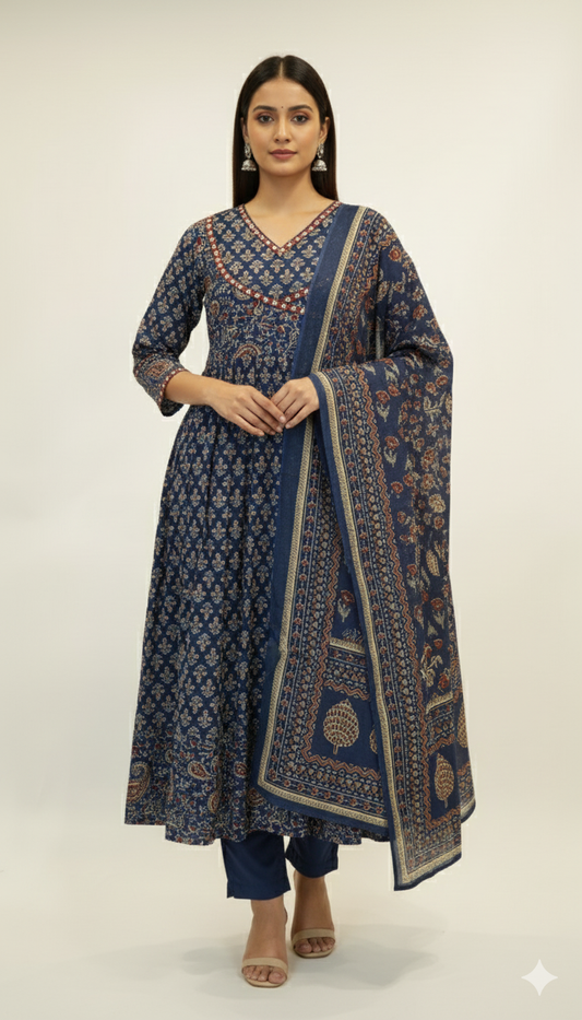 Indigo Handblock Printed Anarkali Kurta Set