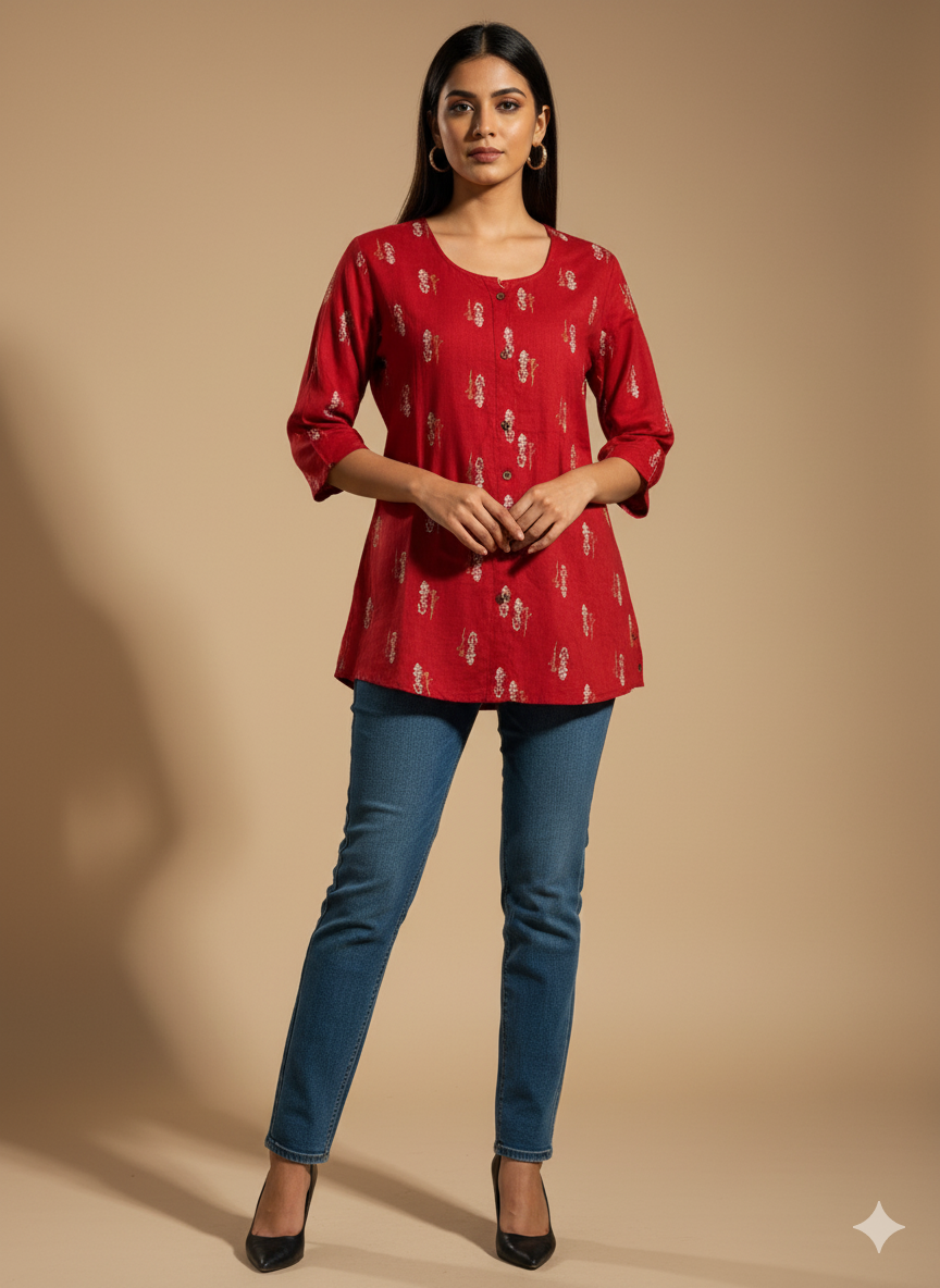 Red Printed Rayon Short Kurti