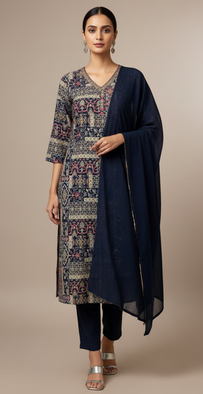 Navy & Beige Digital Print Soft Silk Suit Set with Solid Dupatta
