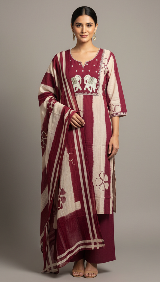Maroon Elephant Motif Cotton Suit Set with Dupatta