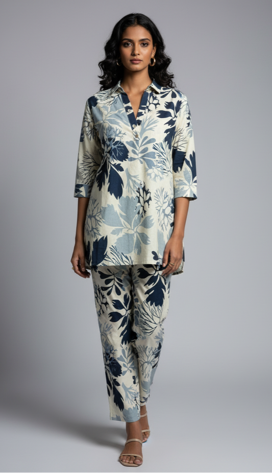 Blue Botanical Print Kurta Set
