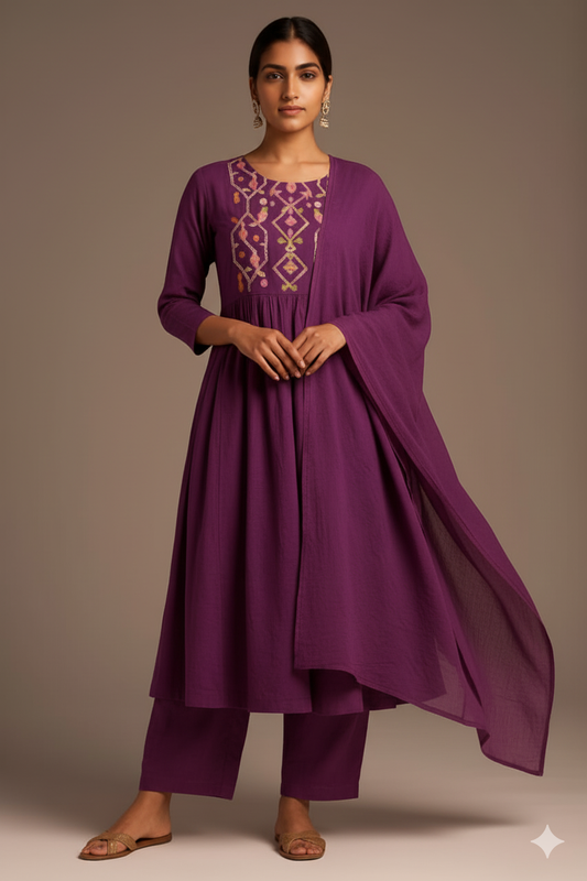 Plum Embroidered Kurta Set